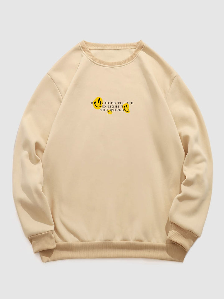 Men's Letter Smiley Face Print Casual Round Neck Pullover Sweatshirt
