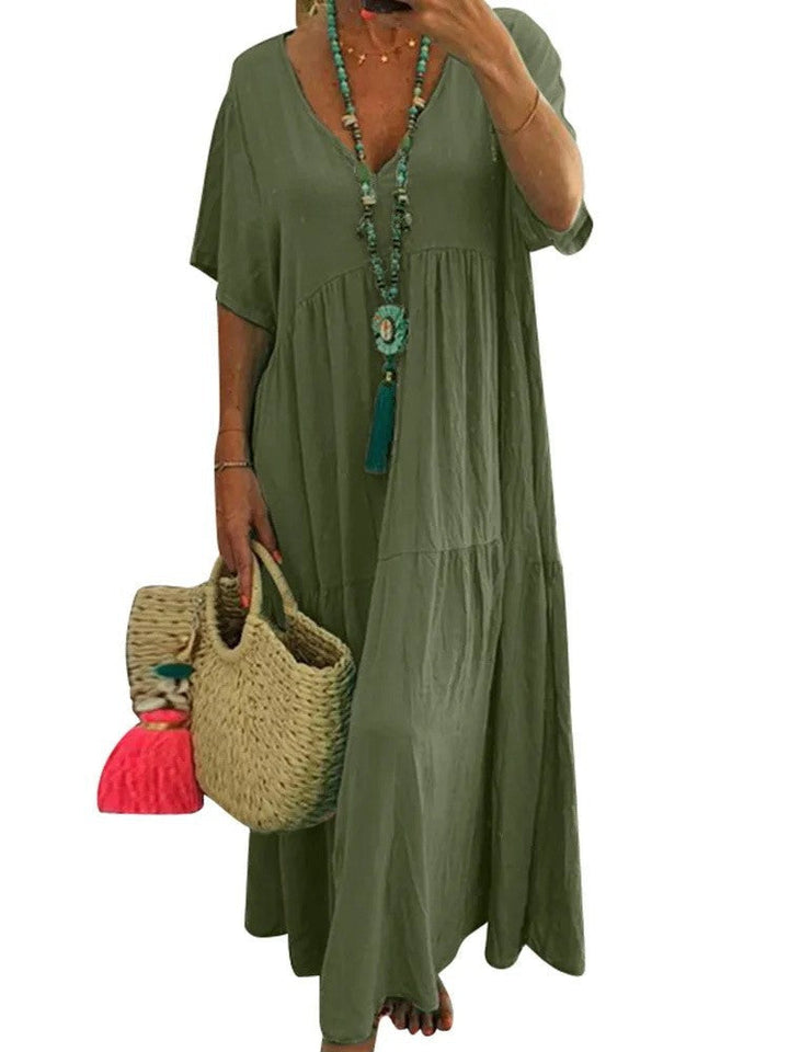 LINNEA™ – Elegant Ruffle V-Neck Maxi Dress