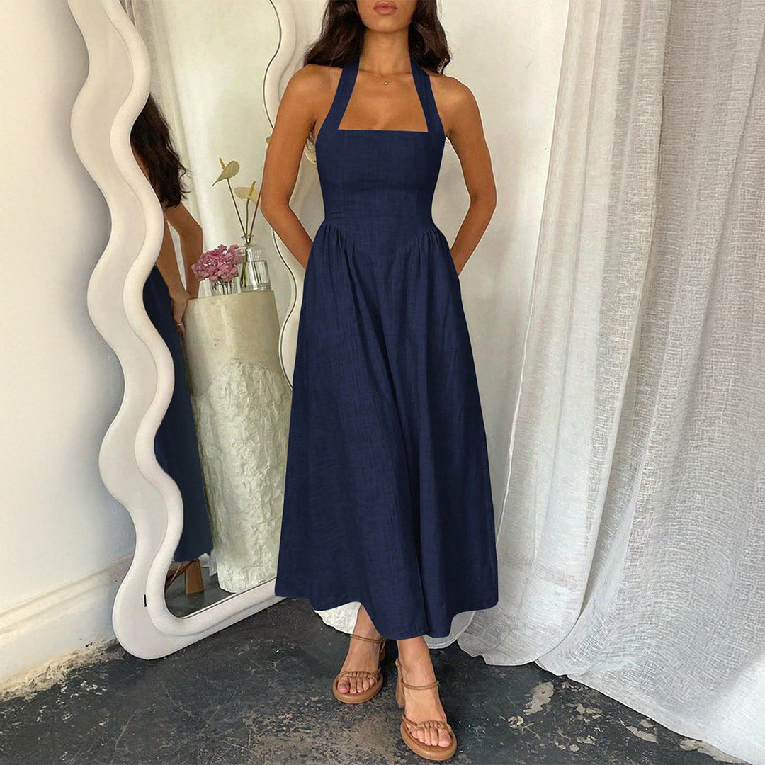 MYRNA™ Vintage Summer Sleeveless A-Line Maxi Dress with Halter Neck