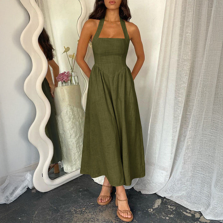 MYRNA™ Vintage Summer Sleeveless A-Line Maxi Dress with Halter Neck