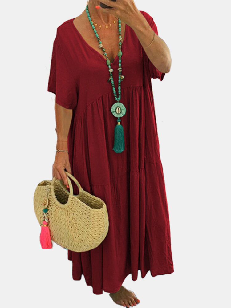 LINNEA™ – Elegant Ruffle V-Neck Maxi Dress