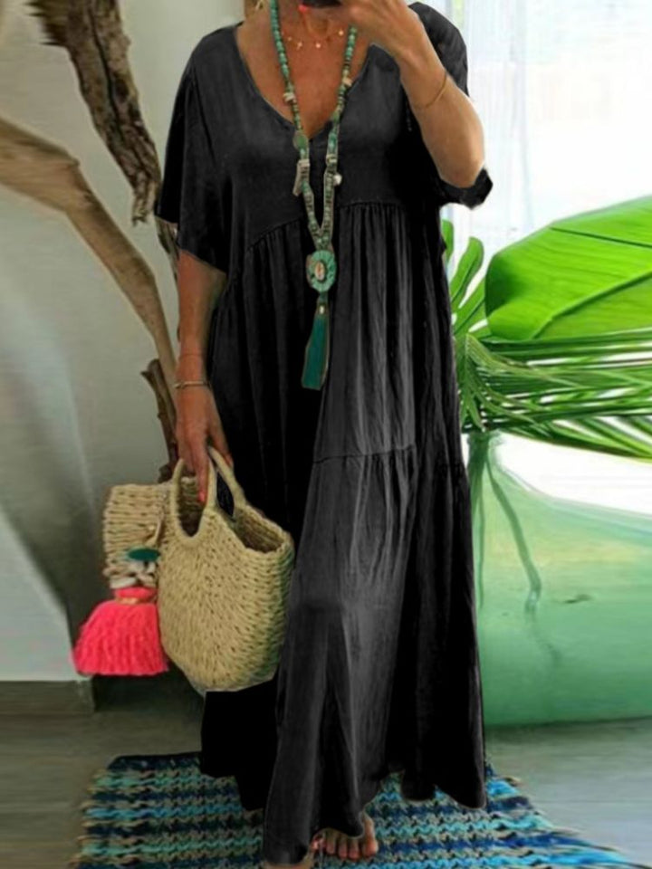 LINNEA™ – Elegant Ruffle V-Neck Maxi Dress