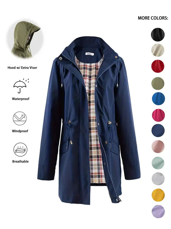 QING™ - Casual Hooded Trench Coat with Drawstring and Zip Closure