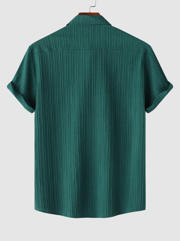 Men's solid color striped textured casual button-down Short Sleeve Shirt