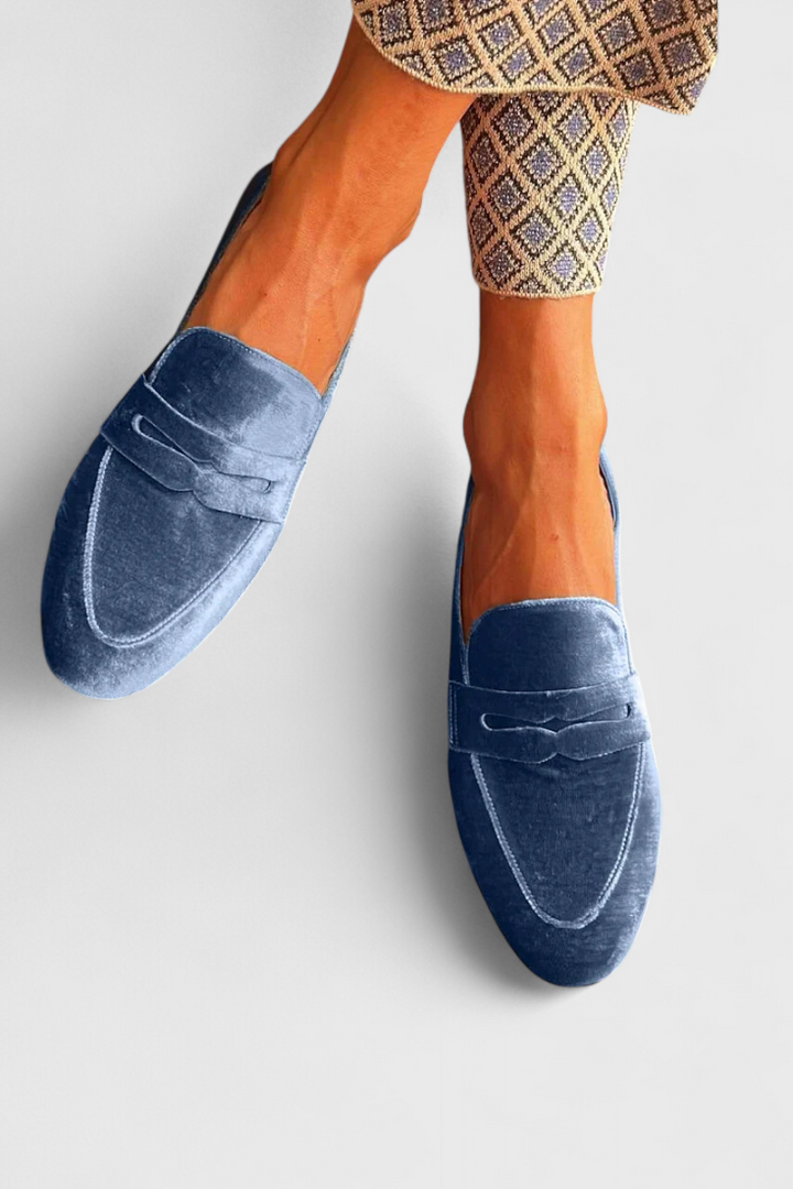 Linica Blue Velvet Patchwork Loafers with Round Toe Design