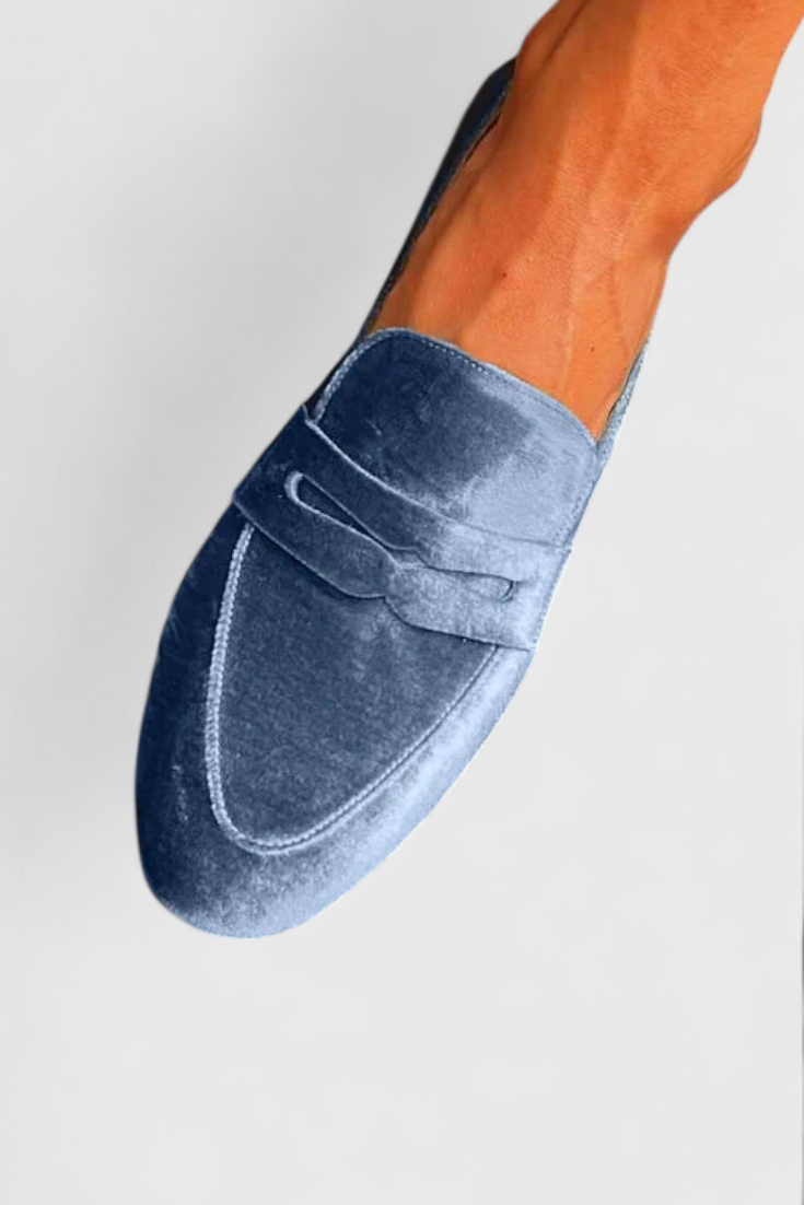 Linica Blue Velvet Patchwork Loafers with Round Toe Design